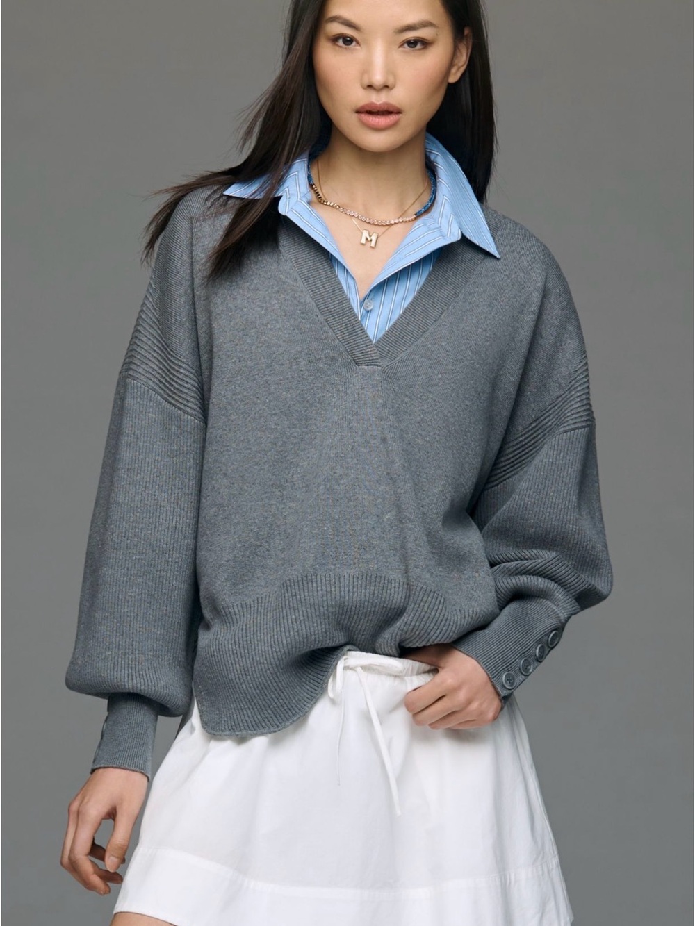 NWT Anthropologie Maeve V-Neck Wool Blend Sweater in Grey size L